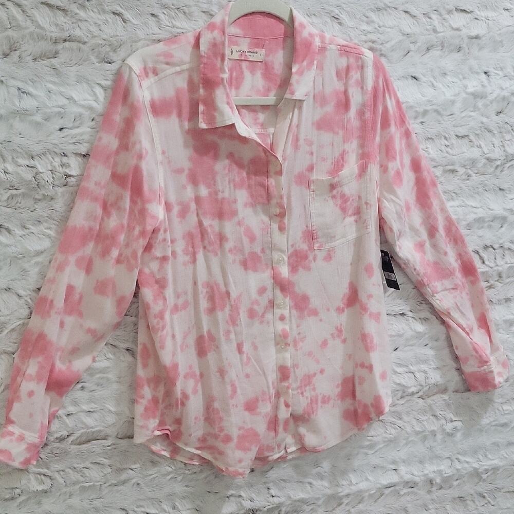 NWT Lucky Brand Pink and White Tie-Dye Button Down LS Shirt | Womens L, Beachy